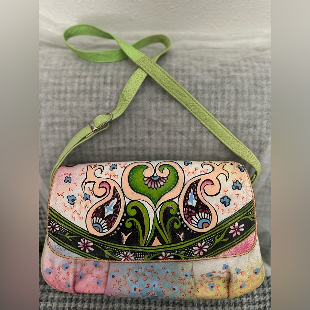 Biacci hand painted leather crossbody handbag- multi-colored, patterned